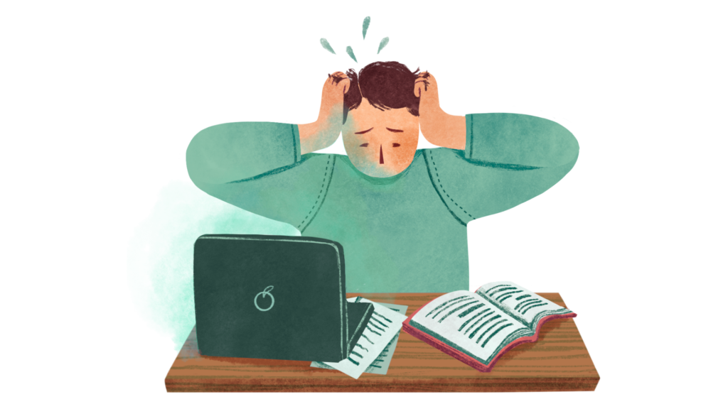 Illustration af en person, der ser stresset ud, mens de sidder ved et skrivebord.