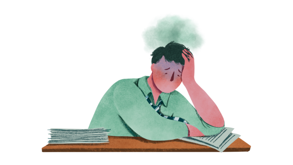 Illustration af en person, der ser udmattet og frustreret ud, mens de sidder ved et bord med en stor bunke papirer.