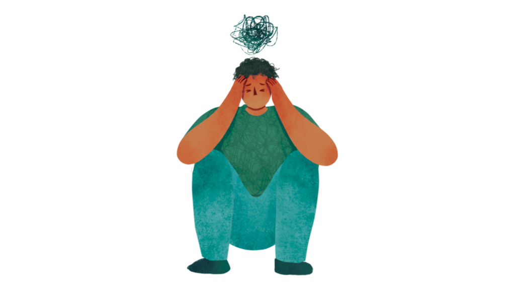 Illustration af en person med hænderne mod hovedet og et udtryk af frustration eller overvældelse.