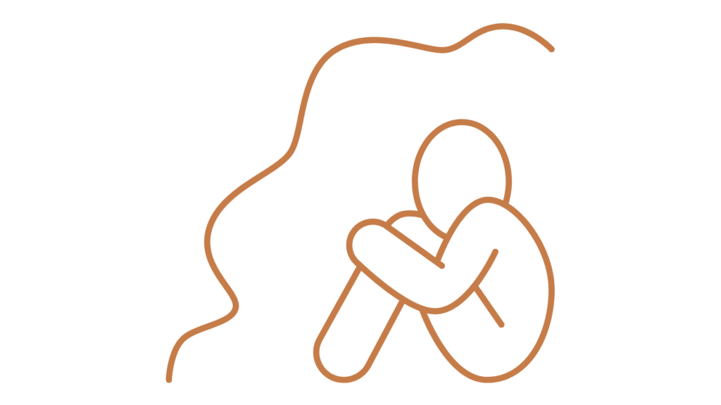 en tegning af en der sidder sammenkrøbet med armene omkring knæene, som symbol på tristhed eller ensomhed.