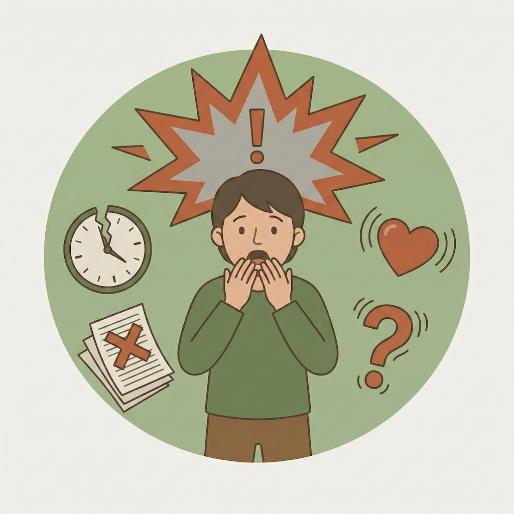 illustration af akut stressreaktion med pludselig angst, hjertebanken og forvirring