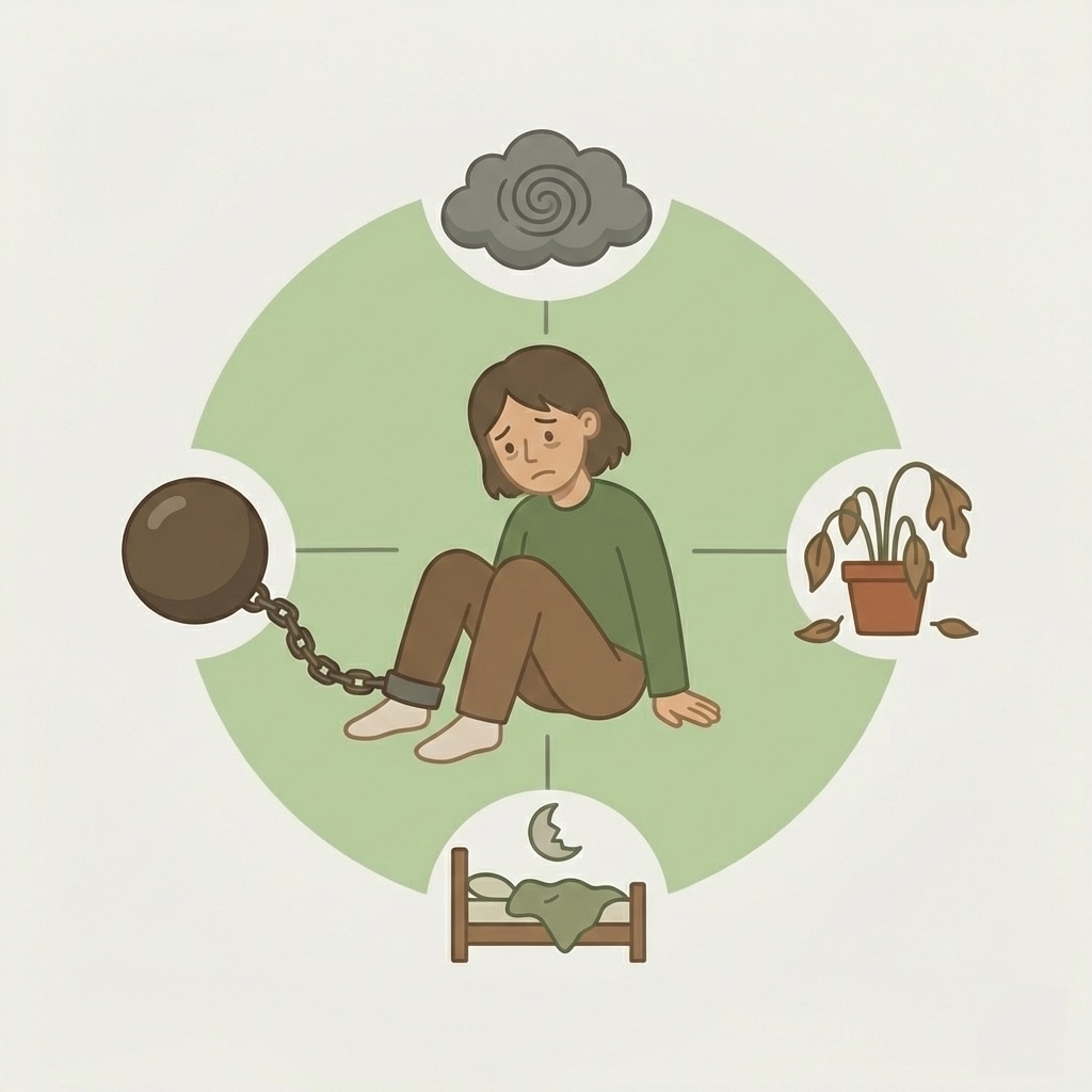 illustration af symptomer på depression som træthed, håbløshed, søvnproblemer og manglende energi