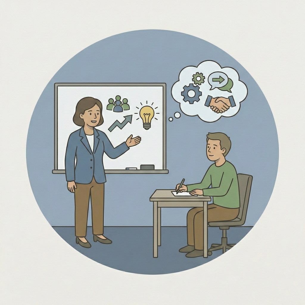illustration af leder der underviser medarbejder i ledelse og samarbejde