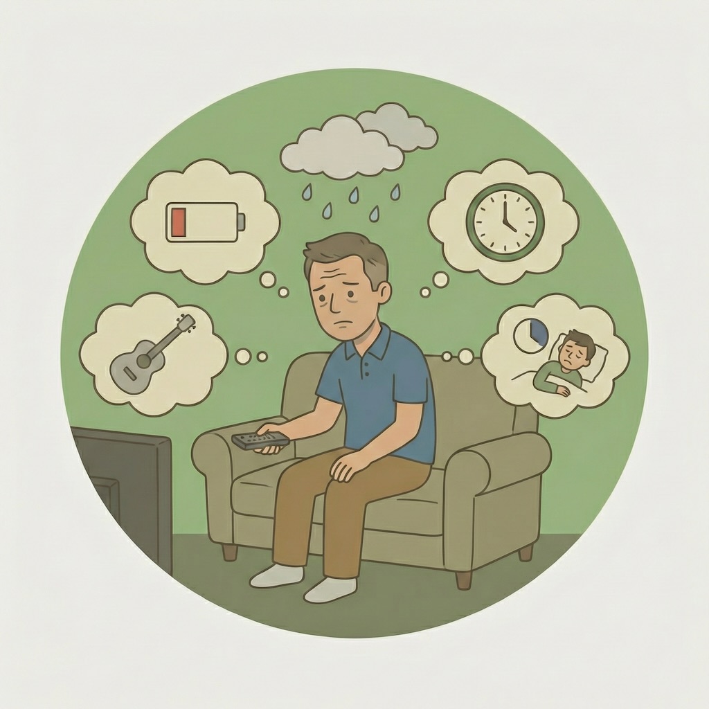 illustration af let depression med træthed, lav energi, søvnproblemer og manglende motivation