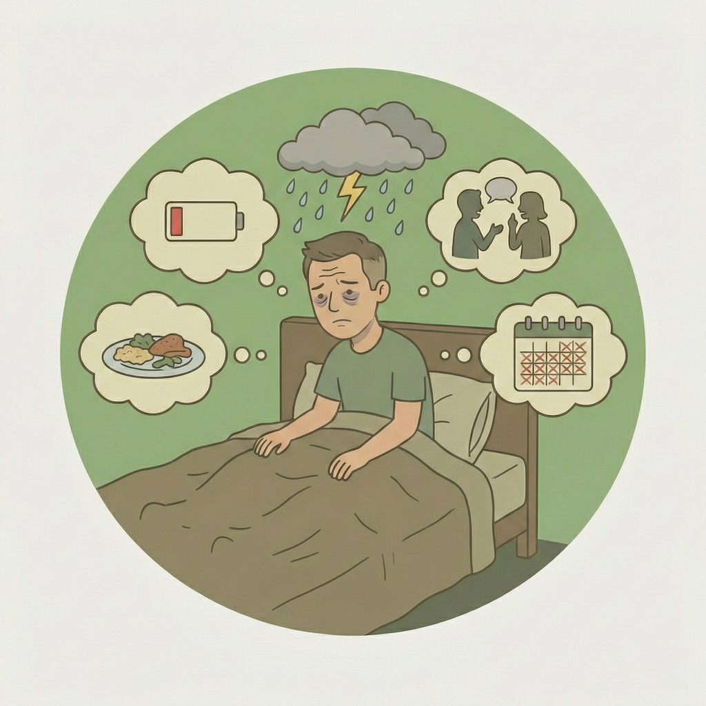illustration af moderat depression med træthed, søvnproblemer, lav energi og social tilbagetrækning