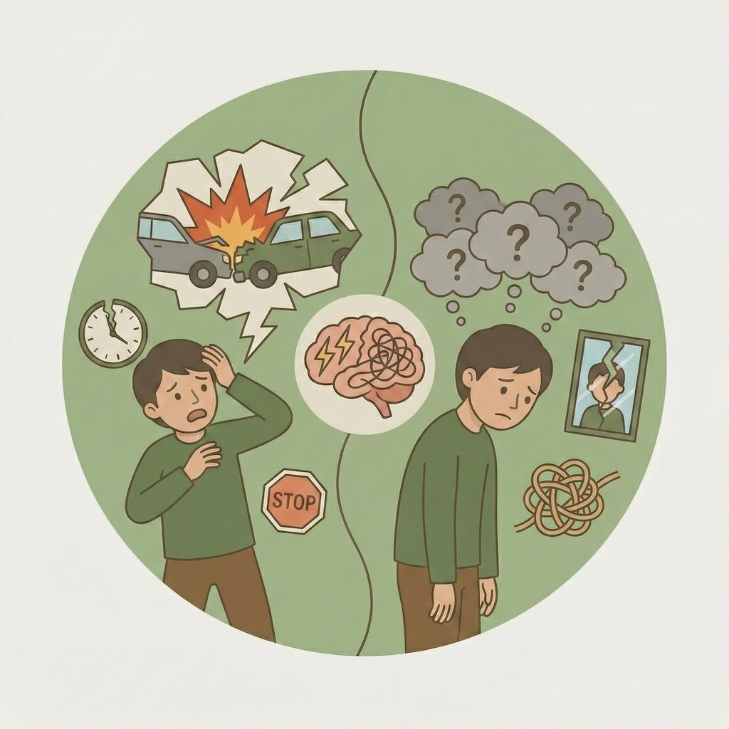 illustration af PTSD med traumeminder, flashbacks og vedvarende uro