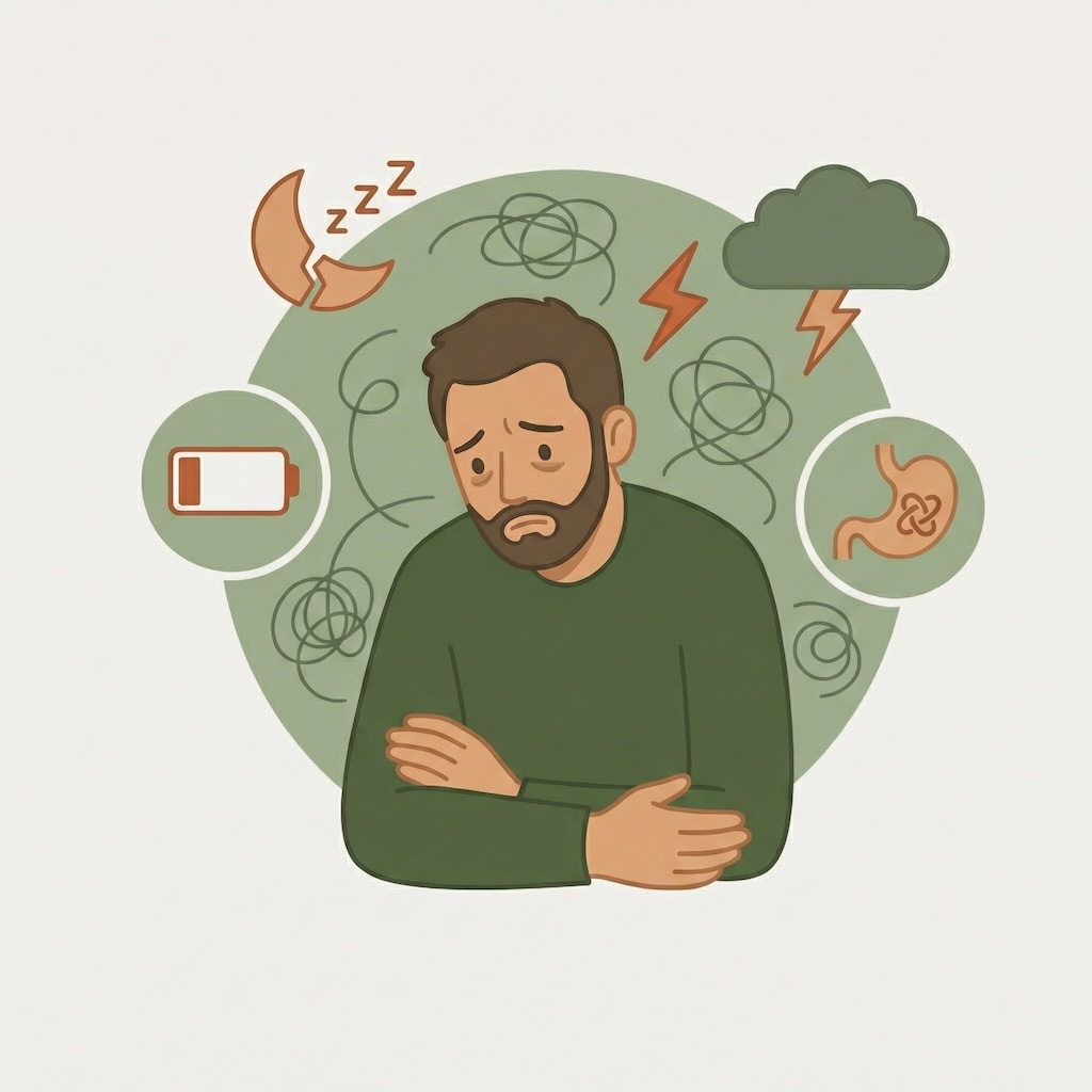 illustration af symptomer på stress som træthed, søvnproblemer, uro og fysiske spændinger
