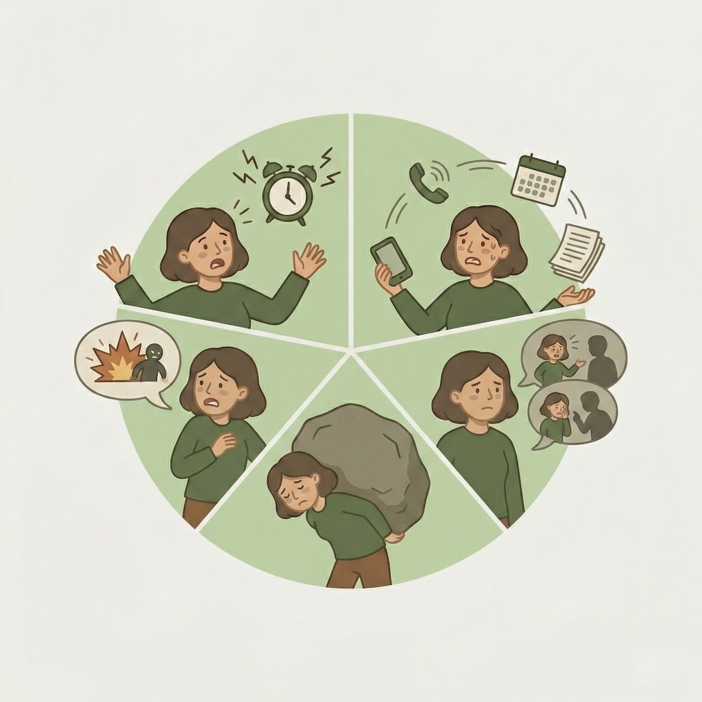 illustration af forskellige typer stress og stressreaktioner i hverdagen