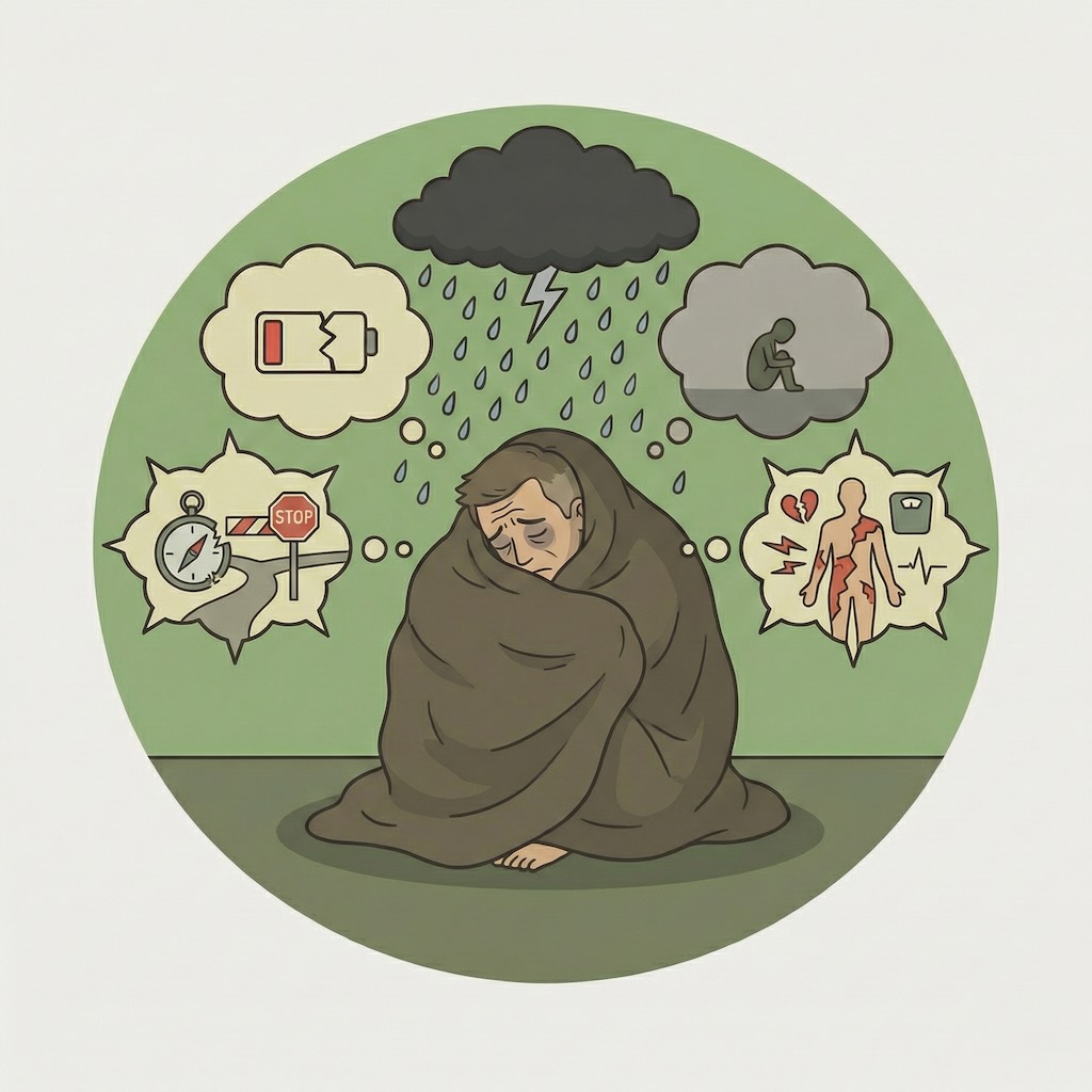 illustration af svær depression med udmattelse, håbløshed, søvnproblemer og manglende energi