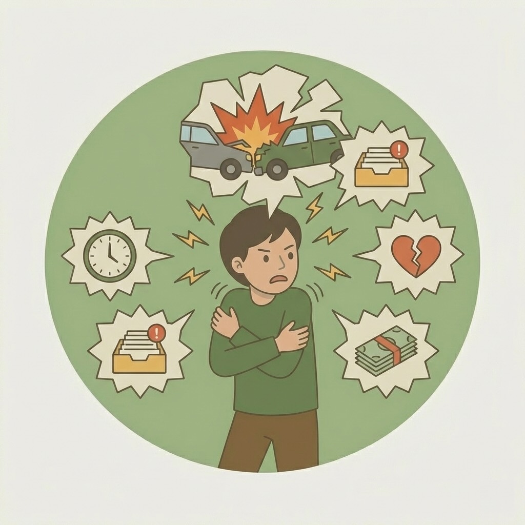 illustration af traume og stressrelateret angst med bekymringer om ulykke, økonomi og relationer