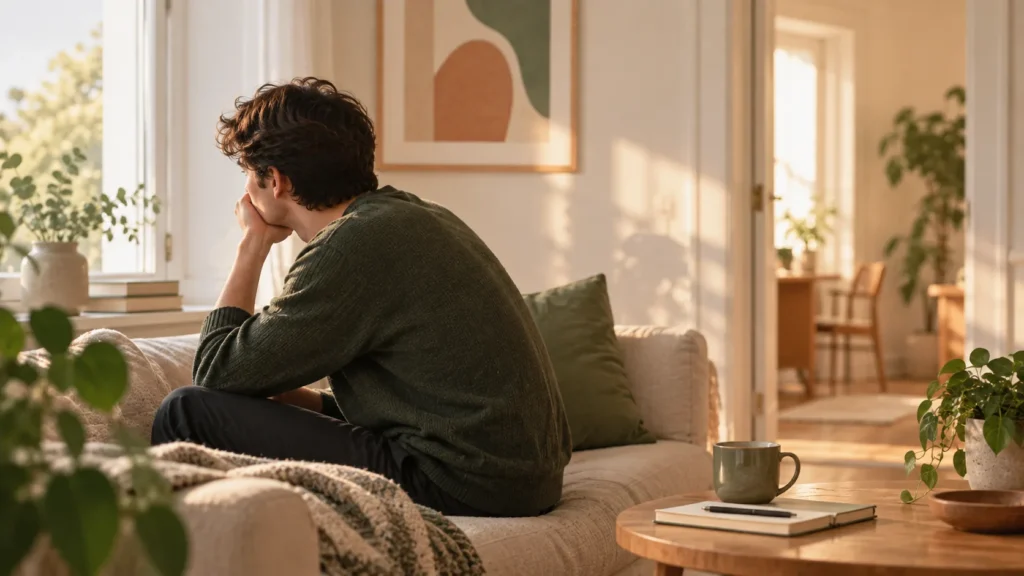 Mand sidder eftertænksomt i en sofa som illustration af depression og psykoterapeutisk behandling uden medicin